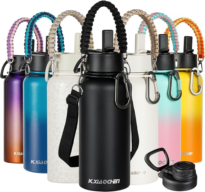 KXIAOCHEN Insulated Water Bottle with Strap, 48-Hour Cold, 2 Lids | Triple-wall insulation, lead-free 18/8 Stainless steel, paracord handle, carabiner clip, for gym, hiking, camping and travel