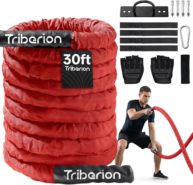 Battle Rope for Home Gym Workout - 1.5 Inch 30ft Heavy Weighted Training Exercise Ropes Fitness Equipment with Sleeve and Anchor Strap Kit for Outdoor Working Out - Red