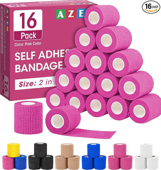 AZEN 16 Pack Self Adhesive Bandage Wrap Pink, 2" X 5 Yards Elastic Cohesive Bandage Wrap, Athletic Tape, Vet Wrap, Ankle Tape, Tattoo Grip Tape Wrap (Pink)