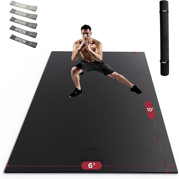 HAPBEAR Large Exercise Mat-6'x4'/7'x5'/6'x8'/6'x9'/6'x10'/6'x12'x 1/3"(8mm) | Non-Slip, Ultra Durable, Thick Workout Mat for Home Gym Flooring, Cardio, Yoga & Fitness; High-Density, Shoes-Friendly