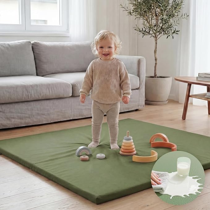 Huloo Sleep Baby Play Mat 50x50 Inches, 1.3" Thick Padded Waterproof Floor Cushion & Playpen Mat with Vegan Leather, Non-Slip & Non-Toxic Nursery Rug for Infants, Toddlers & Kids(Green)