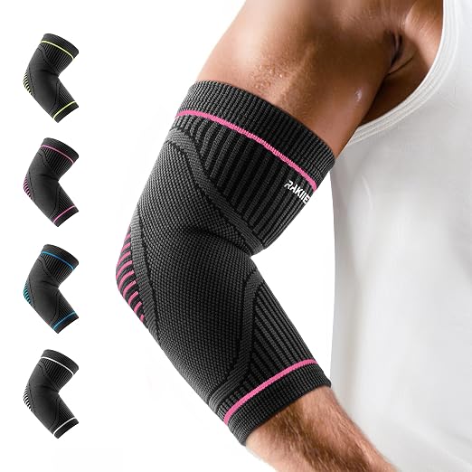 Rakiie Elbow Compression Sleeve 2 Pack, High Elastic Elbow Brace for Tendonitis and Tennis Elbow for Women & Men, Elbow Sleeve for Tennis, Golfer, Badminton, Weightlifting, Pink XL