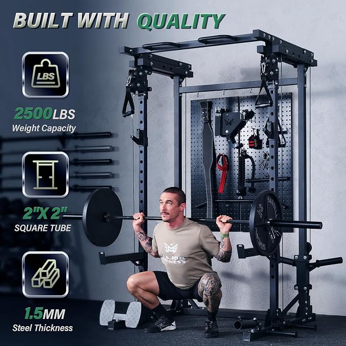 MAJOR FITNESS Drone3 Power Rack, 2500lbs Multi-Function Home Gym Squat Rack with Dual Pulley System, Pull-Up Bar & J-Hooks, Heavy-Duty Steel Frame for Maximum Stability & Strength Training