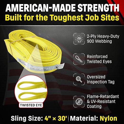 DD Sling 4 Inch x 30 Foot Nylon Lifting Sling – USA Made, 11,500 lb Vertical, 9,200 lb Choker, 23,000 lb Basket – 2-Ply Heavy Duty 900 Webbing, Type 4 Twisted Eye & Eye Rigging Sling