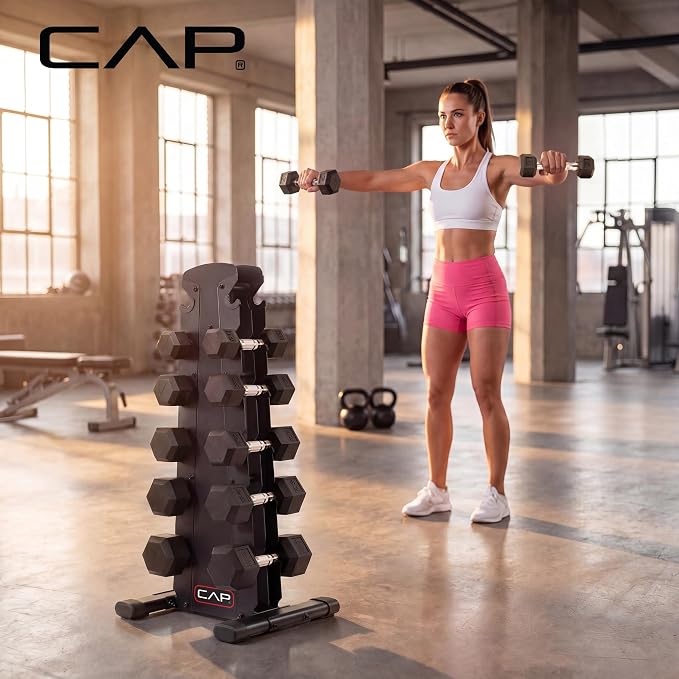 CAP Rubber Coated Hex Dumbbell Set with Storage Rack | 100–210 lb Options, Space-Saving Vertical Compact Storage for Home Gym Strength Training