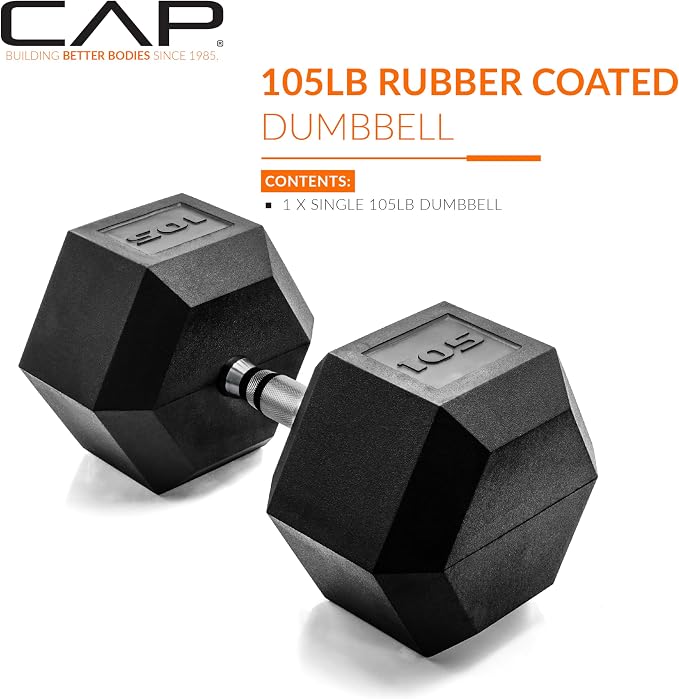 CAP Rubber Coated Dumbbell Weights, Free Weights for Home Gym Strength Training, Anti-Roll Hex Dumbbells with Black, Chrome & Comfort Grip Handles, Singles