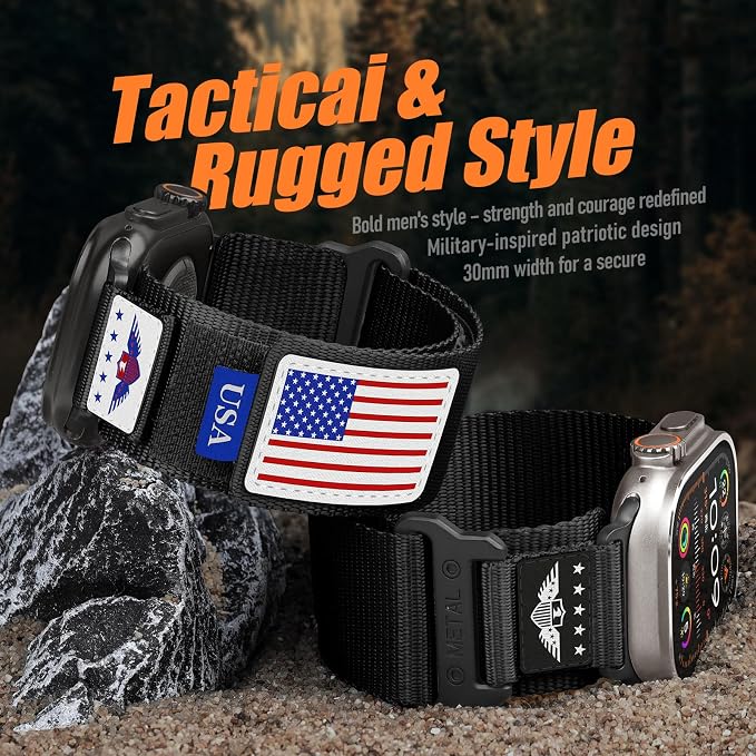 Rugged Nylon for Apple Watch Ultra 2/ Ultra 3 Band Series 11/10/9/8/7/6/5/4/3/SE iWatch Bands Men,Soft Woven Stars-Stripes Flag Wristbands Strap for Apple Watch Ultra 3/2/1 49mm 46mm 45mm 44mm 42mm