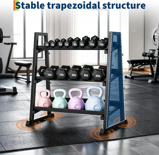 3-Tiers Dumbbell Rack, 1300LB Capacity Adjustable Weight Rack for Home Gym, H-Frame & Trapezoidal-Frame Weight Stand for Dumbells, Kettlebells, Barbells, Weight Plates