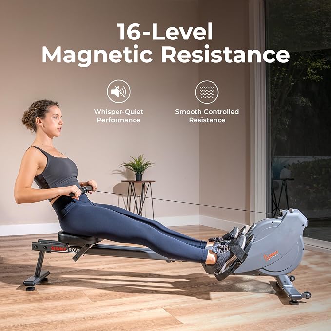 Sunny Health & Fitness Smart Magnetic Rower, Compact Quiet & Smooth Rowing Machine for Full-Body Cardio Exercise, Free SunnyFit Training App Connection