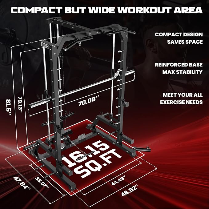 SR01 Smith Machine, 2000LBS Multi-Function Power Cage with LAT Pulldown System, All-in-One Home Gym Squat Rack with Smith Bar and Training Attachments for Full Body Workouts