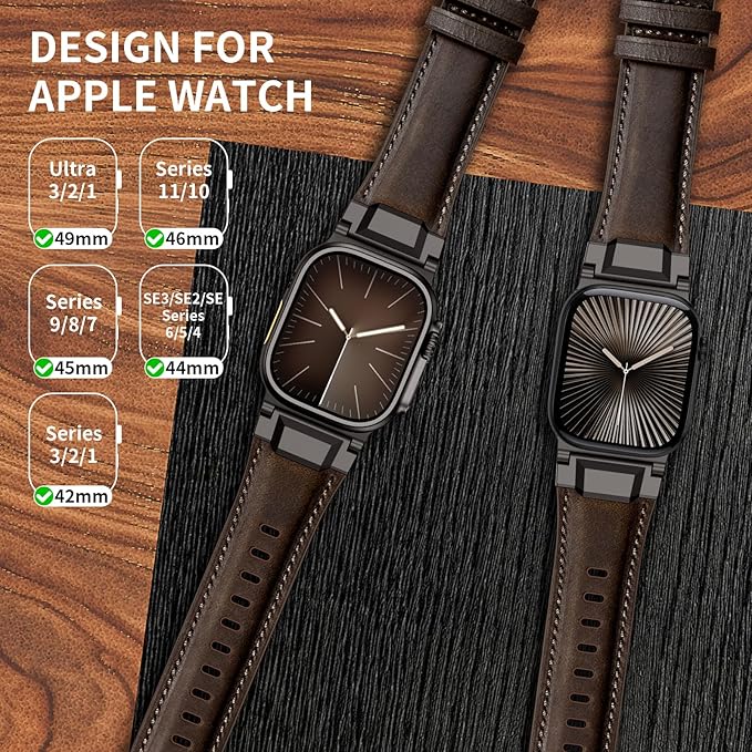 Bands Compatible with Apple Watch Ultra 3/2/1 Band 49/46/45/44mm | Genuine Leather Metal Connector Strap for iWatch Ultra Series 11/10/9/8/7/SE/6/5/4/3/2/1, Dark Coffee Brown/Black