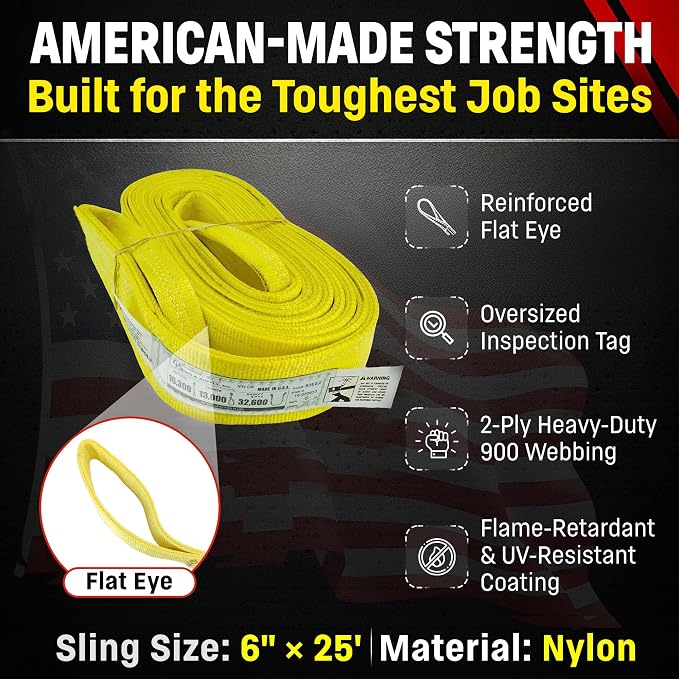 DD Sling 6 Inch x 25 Foot Nylon Lifting Sling – USA Made, 16,300 lb Vertical, 13,000 lb Choker, 32,600 lb Basket – 2-Ply Heavy Duty 900 Webbing, Type 3 Flat Eye & Eye Rigging Sling