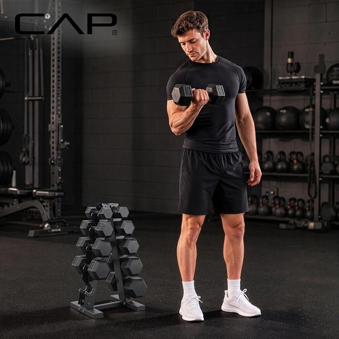CAP Rubber Coated Hex Dumbbell Set with Storage Rack | 100–210 lb Options, Space-Saving Vertical Compact Storage for Home Gym Strength Training