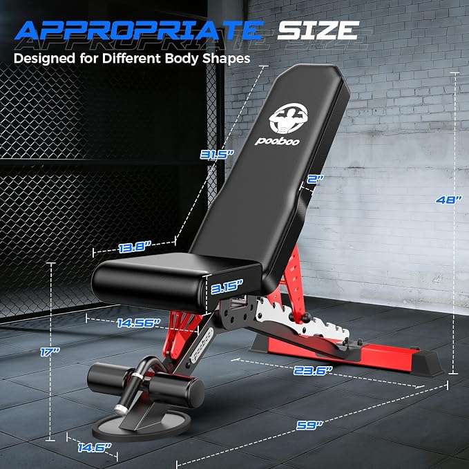 pooboo Weight Bench, Adjustable Workout Bench for Home, 1500LBS Heavy Duty Capacity, Strength Training Bench with Flat/Incline/Decline Positions for Full Body Workout