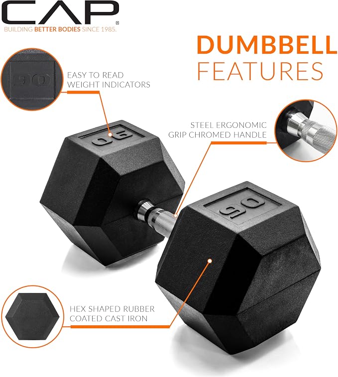 CAP Rubber Coated Dumbbell Weights, Free Weights for Home Gym Strength Training, Anti-Roll Hex Dumbbells with Black, Chrome & Comfort Grip Handles, Singles