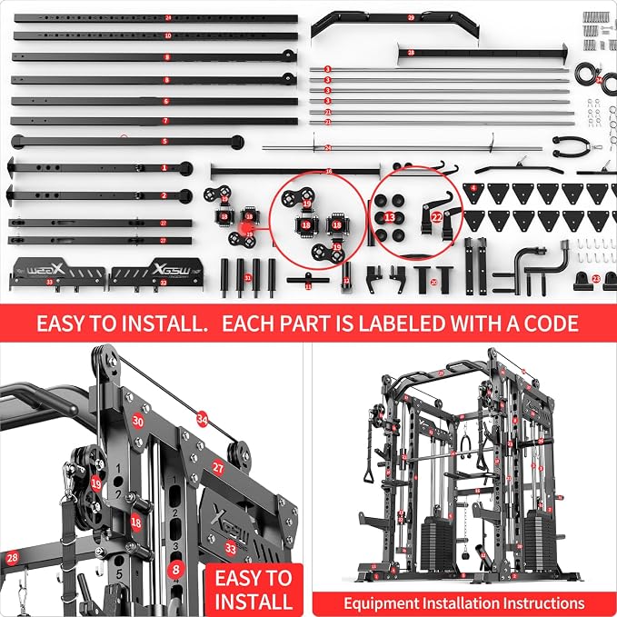 XGSW Smith Machine with Weight Stack, Multi-Function Squat Rack Power Cage with Cable Crossover System, for Home Gym