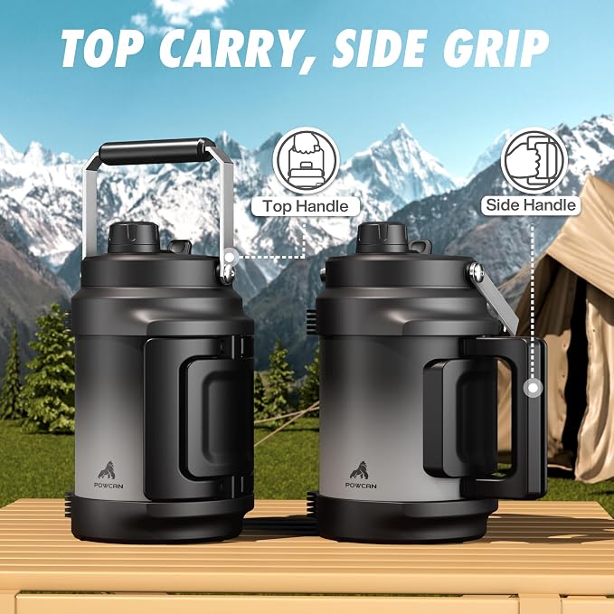 POWCAN 64 oz Insulated Water Bottle, 2-in-1 Straw Spout Lid, Dual Handle, Leakproof, Keep Cold 48H, Half Gallon Stainless Steel Water Jug for Daily, Hydration, Picnic, Travel, Gym, Workout (Obsidian)