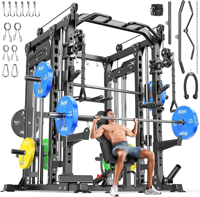 Smith Machine with Cable Crossover System, Multi-Function Power Cage Squat Rack for Home Gym, Power Rack and Packages Weight Sets.
