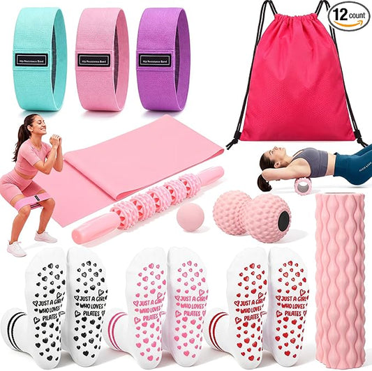 Foilswirl 12 Pcs Home Pilates Kit Pink Pilates Equipment Set for Women with Resistance Bands, Massage Balls, Stretch Strap, Peanut Ball, Foam Roller, Yoga Socks and Backpack for Home Workout Exercise