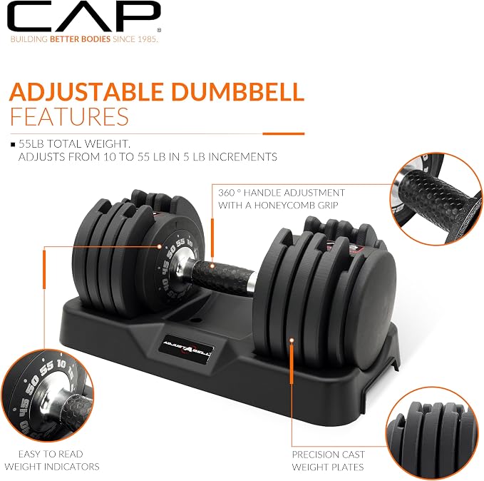 CAP ADJUSTABELL Adjustable Dumbbell Set, Premium Quick Select Adjustable Weights for Strength Training, Singles & Pairs, 12.5 LB, 25 LB & 55 LB, Round & Hex Dumbbells, Multiple Grip Handle Options