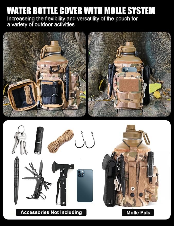 Tactical Half Gallon Water Bottle with Straw, 64 Oz Insulated Water Jug with Molle Water Bottle Holder, Stainless Steel Sport Bottle with 3 BPA Free Lids for Gym Workout Hiking (64oz-Brown)