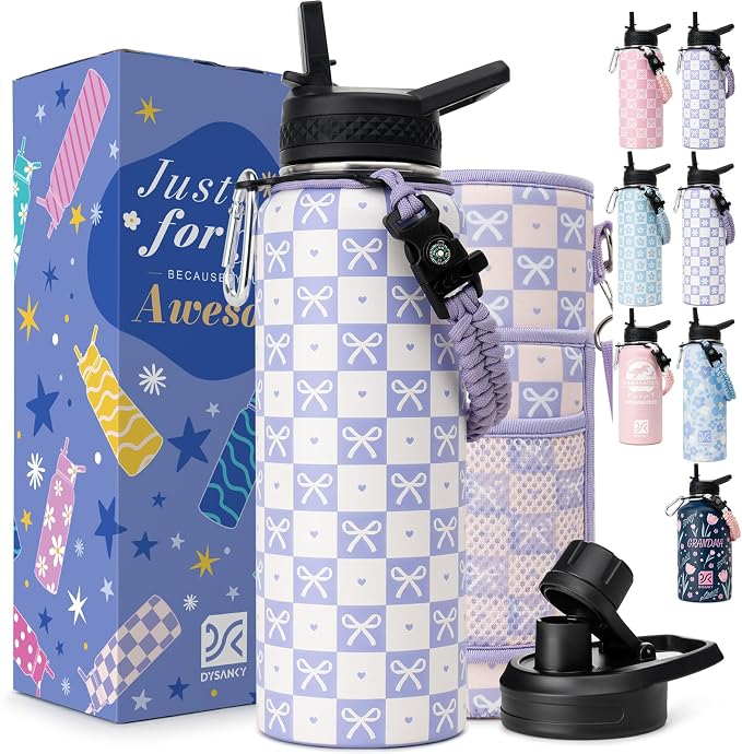 DYSANKY Water Bottle Gift– Insulated Stainless Steel Bottle with Carrier Bag, Strap & Gift Box – BPA-Free – Ideal for Hiking, Camping & Travel - Purple Bow 40 oz