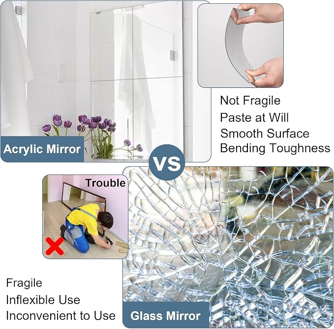 JUNEBRUSHS 8 Pack Self Adhesive Acrylic Mirror, 6X 9 Inch Mirror Tiles | Flexible Plastic Sheets Wall Stickers,2MM Thick Mirrors,Frameless Small Mirrors