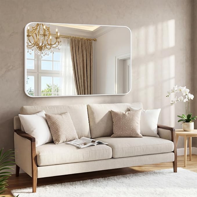 BONEWEI White Bathroom Mirror,55x36 inch Wall Mirror for Bathroom Wall Mounted,Rectangle Mirror for Bathroom Over Sink,Modern Frame Round Corner for Living Room,Bedroom Entryway,Horizontal/Vertical