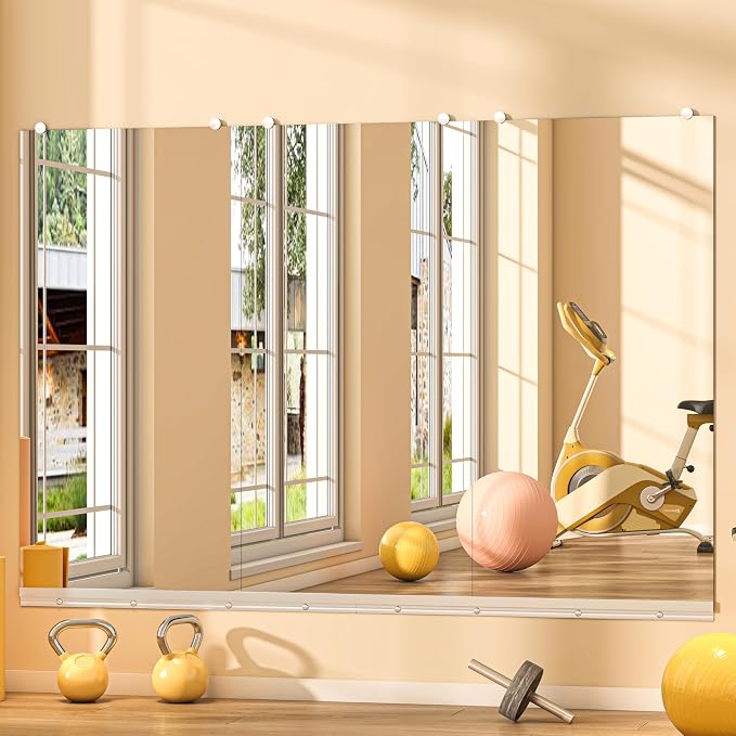 Hasipu Home Gym Mirror, 48"x24" Each, 4-Pack Frameless Wall Mounted Mirrors with Glass Clamps & 2 Aluminum Rail, Large Body Mirror for Home Gym, Yoga Studio, Bedroom, Silver Tempered Glass
