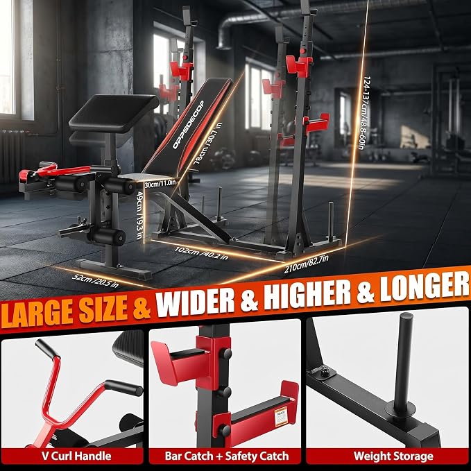 OPPSDECOR 3.0 Pro Weight Bench Set for Home Gym, ASTM-Certified 900 LBS Bench Press Set with Leg Extension, Preacher Curl Pad, Barbell Rack, J-Hooks and Safety Bar Catches for Full Body Workout