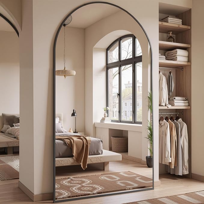Floor Mirror, 90"x46" Oversized Full Length Mirror with Stand, Arched Full Body Mirror Standing Hanging Leaning Against Wall, Aluminum Frame Giant Mirrors for Bedroom Cloakroom, Black