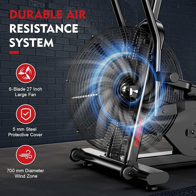 pooboo Air-Resistance Exercise Fan Bike, Air Bike with Dual Acction Handlebars&Dual-Layer Transmission System, Stationary Bike with APP Connection for Home Gym HIIT Cardio Full Body Workout