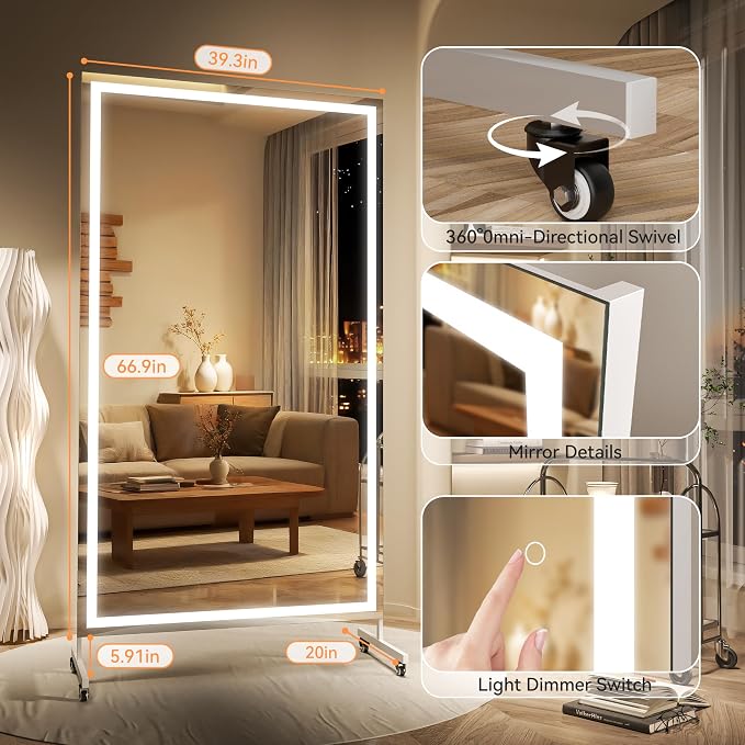 Hasipu 67" x 40" LED Full Length Mirror on Wheels, 360° Swivel, White | 3-color dimmable brightness, tempered glass & metal frame, lockable wheels, sturdy stand, for gym, yoga, studio & bedroom.