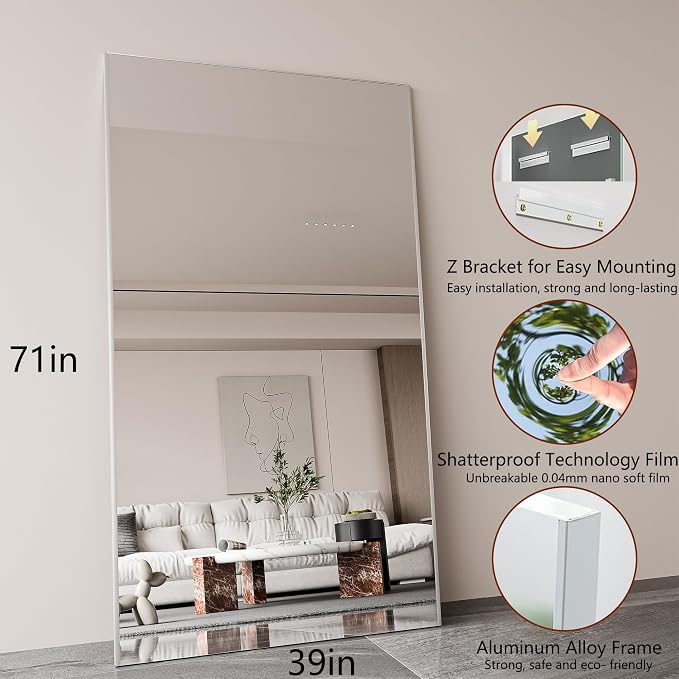 Glassless Floor Mirror, 71×39”, Wide Shatterproof Full Length Mirror for Bedroom or Entryway, Ultra-Light Wall Mounted or Leaning, White Frame
