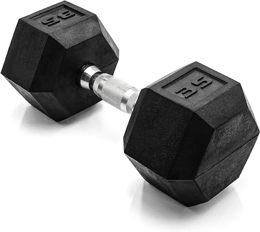 CAP Rubber Coated Dumbbell Weights, Free Weights for Home Gym Strength Training, Anti-Roll Hex Dumbbells with Black, Chrome & Comfort Grip Handles, Singles
