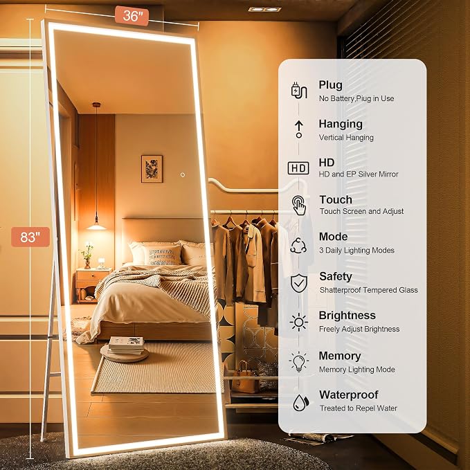 83" x 36" Full Length Mirror with Lights, Large LED Lighted Floor Standing Body Mirror, Dimmable & 3 Color Lighting for Bedroom, Cloakroom, Dressing Room, Tempered Glass, White Frame