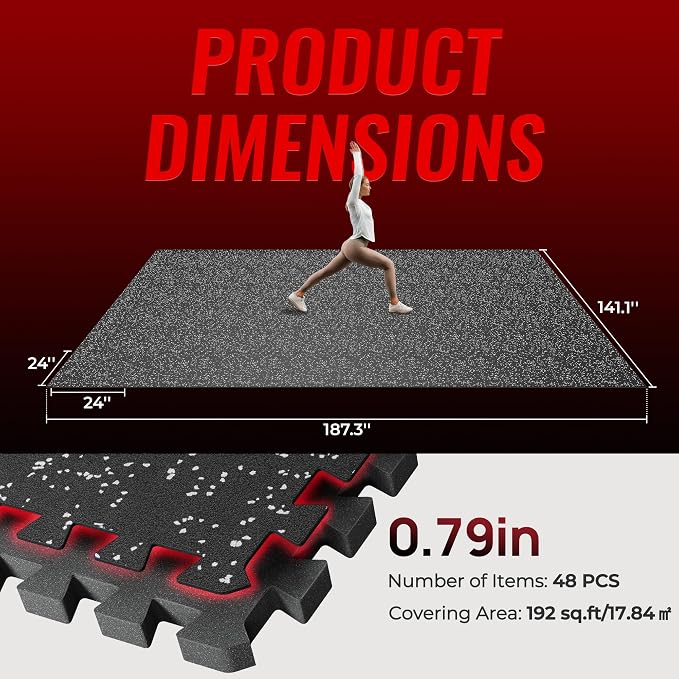 SUPERJARE 0.79'' Extra-Thick Exercise Equipment Mats, 48 Pcs 192 Sq Ft Rubber Top Floor Tiles with High Density EVA Foam, Interlocking Gym Flooring for Home Gym, Workout Mat, Black/Grey