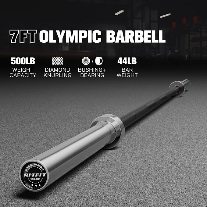RitFit Elite 7ft Olympic Barbell, Robust 45lb Barbell for Weightlifting and Powerlifting, Superior Olympic Bar with Exceptional 500lbs Load Capacity, Weight Bar for 2” Standard Plates