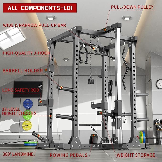 Power Cage Multi-Function Power Rack with Cable Crossover System,1500 LBS Capacity Squat Rack with Weight Bench,for Home Gym