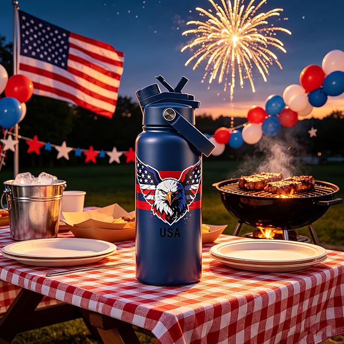 KEWIXY American Flag Insulated Water Bottle 32 oz, 2-in-1 Straw Lid, Leak Proof, Keep Cold 24H, Vacuum Travel Stainless Steel for Men Dads Grandpa, Birthday Christmas July 4th, Patriotic, USA Eagle