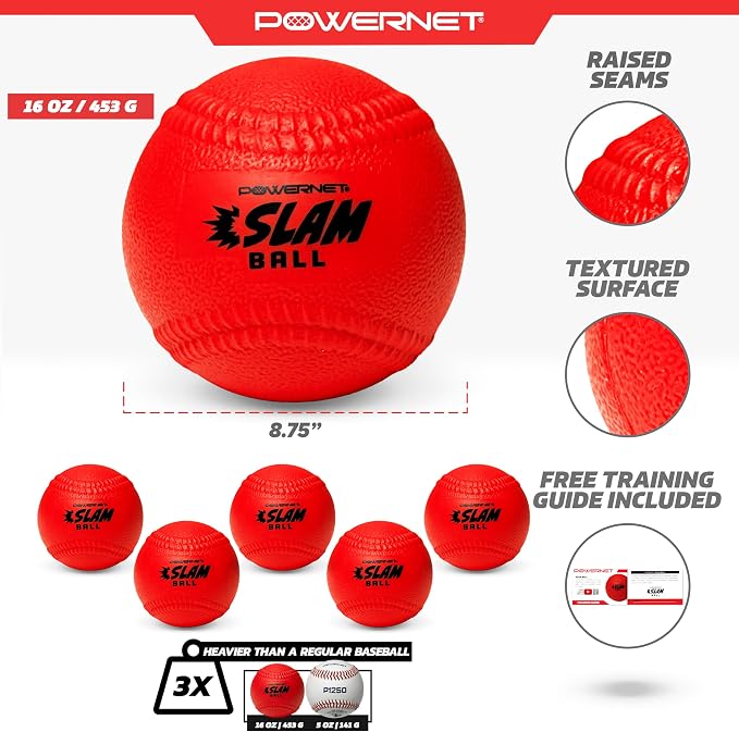PowerNet Slam Ball 6-Pack, Baseball Size Weighted Ball with Textured Surface and Raised Seams, Training Equipment to Improve Hitting Power, 16 Oz Weighted Baseballs for Batting