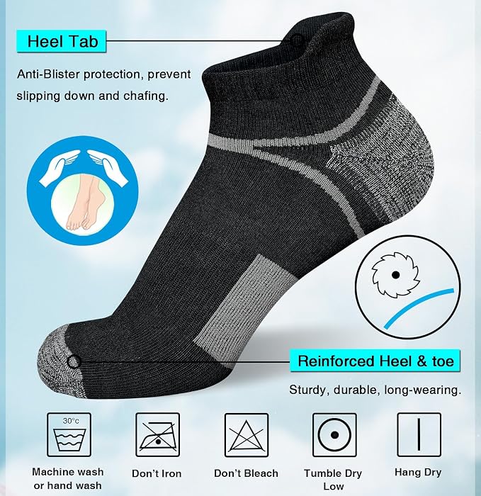 suaskk Men's Ankle Athletic Cushioned Anti-Blister Running Socks 5 Pairs | Comfort and Breathable, Moisture Wicking,
