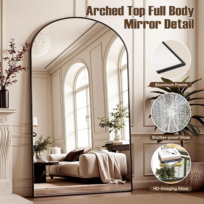 Floor Mirror, 86"x46" Oversized Full Length Mirror with Stand, Arched Full Body Mirror Standing Hanging Leaning Against Wall, Aluminum Frame Giant Mirrors for Bedroom Cloakroom, Black