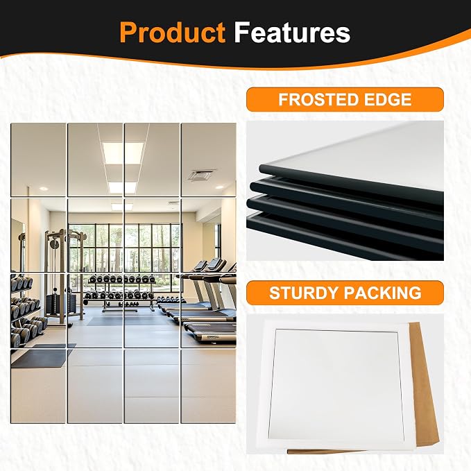 Home Gym Mirror Tiles, 16x12'', 16-Piece, Large Square Workout Mirrors | Full Body Wall Mirror, For Garage, Bedroom, Bathroom