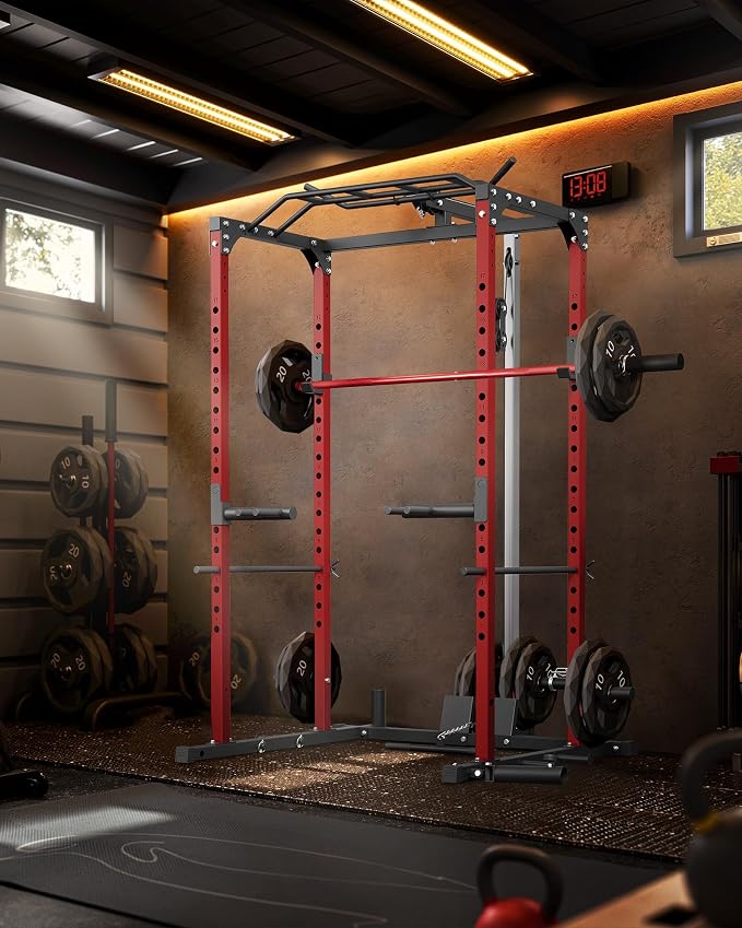 GarveeLife Power Cage, Power Racks for Home Gym with Pulley System | 1200 LBS Weight Capacity Multi-Functional Squat Rack for Strength Workout with More Training Attachment (Red D1002)