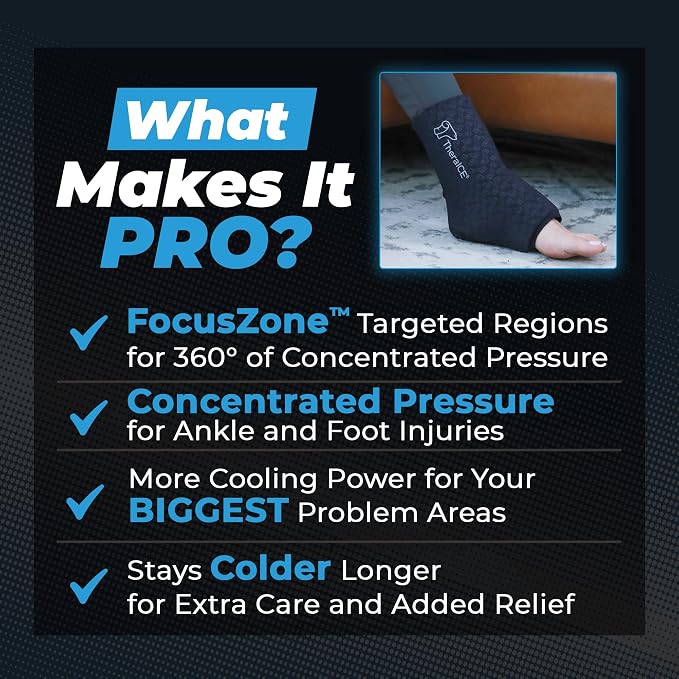TheraICE Ankle Ice Pack Wrap PRO for Swelling, Sprained Ankle Support | FocusZone Extra Cooling, Foot & Heel Ice Wrap for Achilles Tendonitis, Plantar Fasciitis