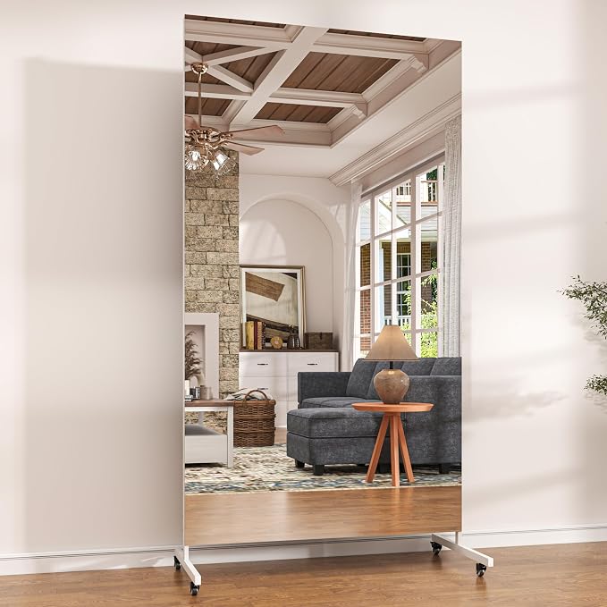 Hasipu 71" x 36" Full Length Floor Mirror on Wheels, White | Tempered glass, sturdy metal frame, smooth rolling casters, removable stand, ideal for gym, bedroom, dance studio & yoga.