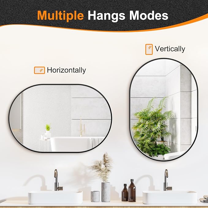 Bathroom Vanity Mirror for Wall, 36''x24'' Black Oval Bathroom Mirror for Over Sink, Bedroom, Living Room, Entryway, HD Tempered Glass, Wall Mounted Horizontally or Vertically