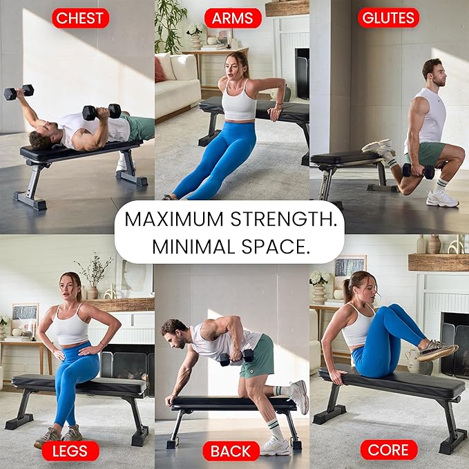 Finer Form Gym Quality Foldable Flat Bench for Multi-Purpose Weight Training and Ab Exercises - Free PDF Workout Chart Included