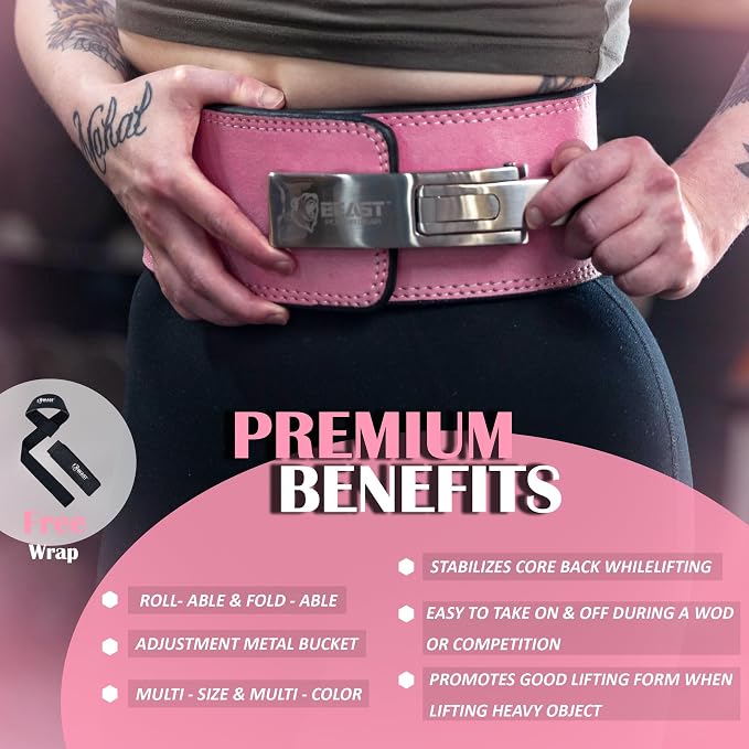 Beast Power Gear Weight Lifting Belt Lever Buckle 10MM 13MM Thick & 4 Inches Free Strap Weightlifting, Powerlifting, Deadlifts, Squats Men Women